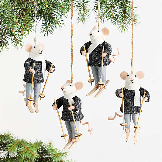Felted Wool Skiing Mouse Christmas Tree Ornament, Set of 4