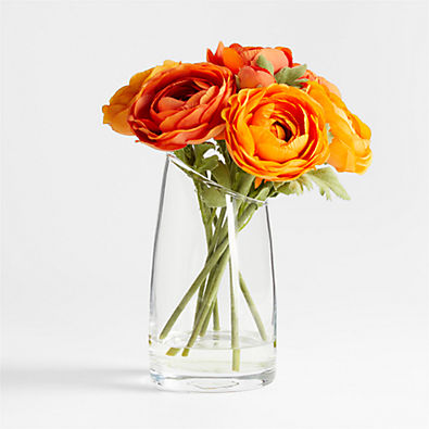 View Orange Ranunculus Faux Floral Arrangement in Slant 7.5" Glass Vase details