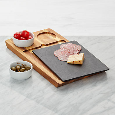 View Slate and Wood Serving Board with Bowls details