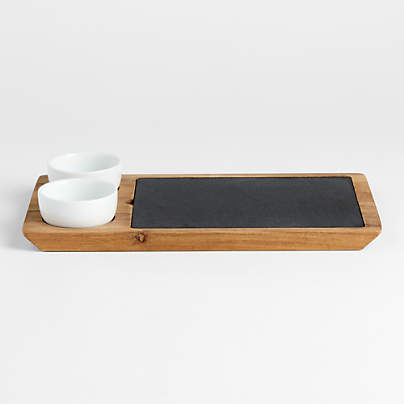 Slate and Wood Serving Board with Bowls