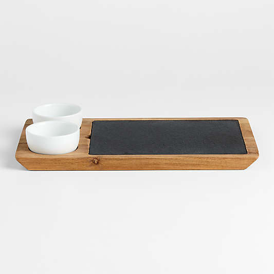 Slate and Wood Serving Board with Bowls