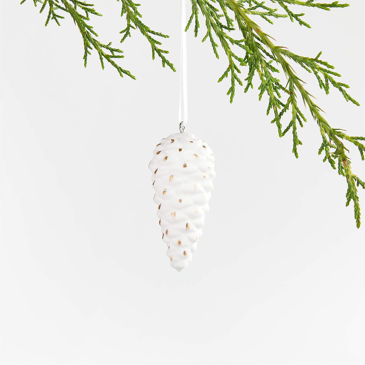 Gold Dotted White Ceramic Pinecone Christmas Tree Ornament, Set of 4