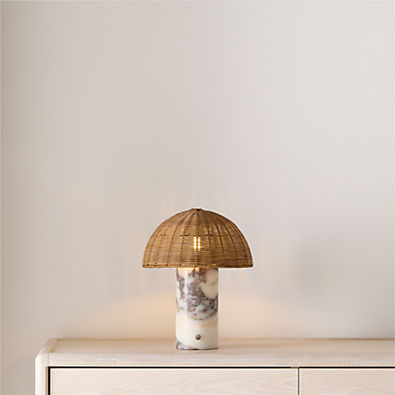 View Seine Calacatta White Marble Mini Table Lamp with Rattan Shade 13" details