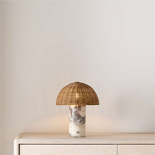 Seine Calacatta White Marble Mini Table Lamp with Rattan Shade 13"