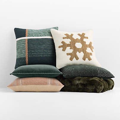 Snowflake Spruce Green and Camel Tan Holiday Throw Pillow Arrangement