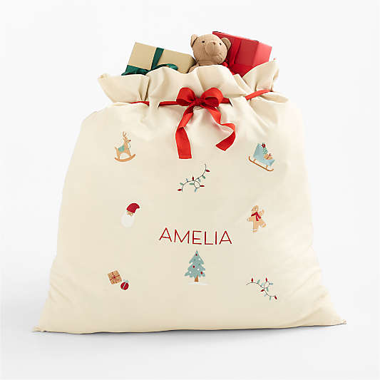 Santa Large Embroidered Natural Cotton Kids Christmas Gift Bag