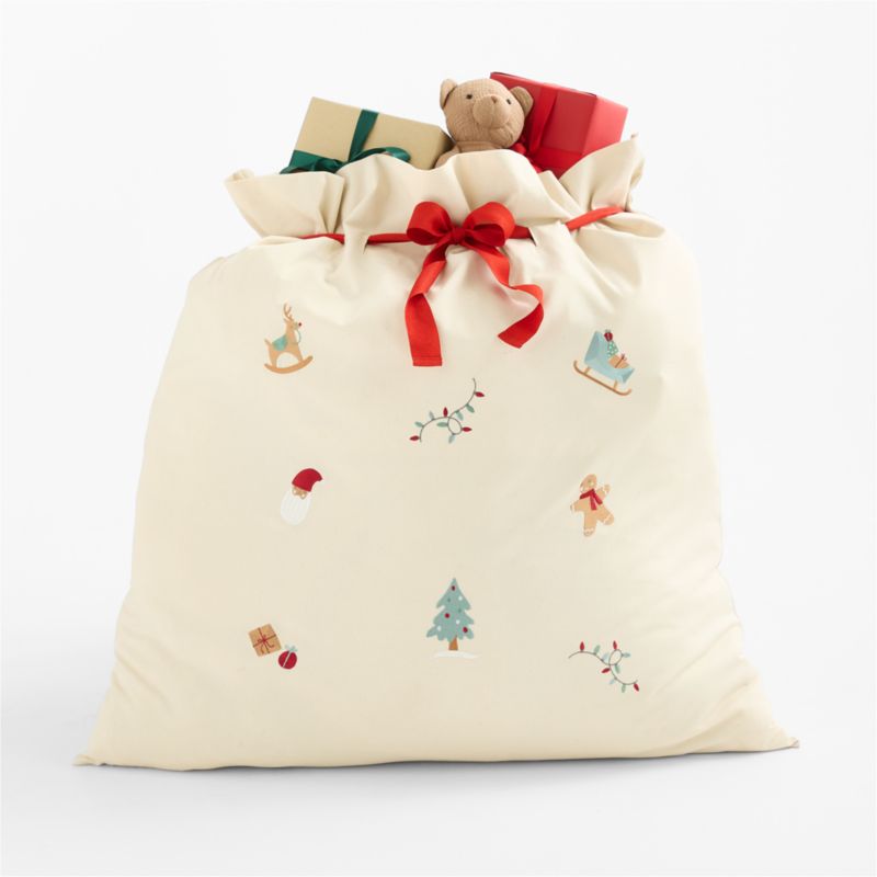 Santa Large Embroidered Natural Cotton Kids Gift Bag - image 2 of 5