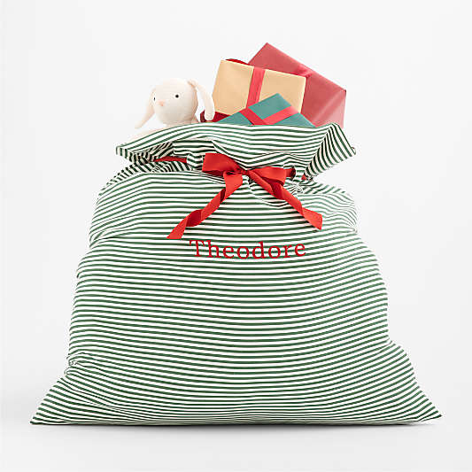 Santa Large Green Striped Cotton Kids Gift Bag