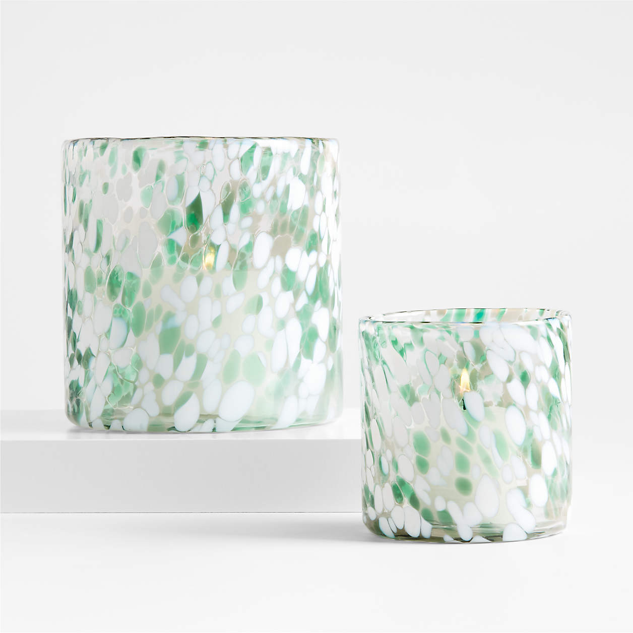 Green Speckled Holiday Glass Hurricane Candle Holders Crate & Barrel