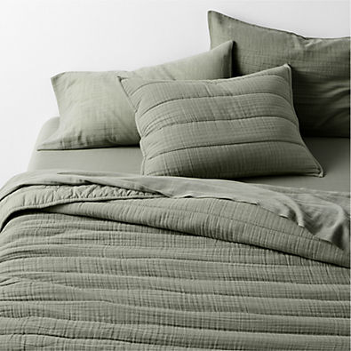 View Supersoft Organic Cotton Gauze Shadow Sage Green King Channel Stitch Quilt details