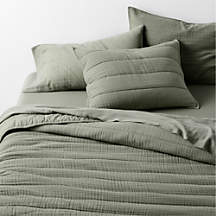 Supersoft Organic Cotton Gauze Shadow Sage Green King Channel Stitch Quilt | Crate & Barrel