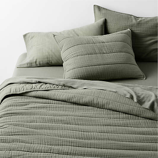 Organic Cotton Gauze Shadow Sage Green Channel Stitch Quilt