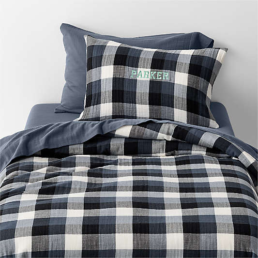 Supersoft Gingham Coy Blue Organic Cotton Gauze Kids Duvet Bedding Set