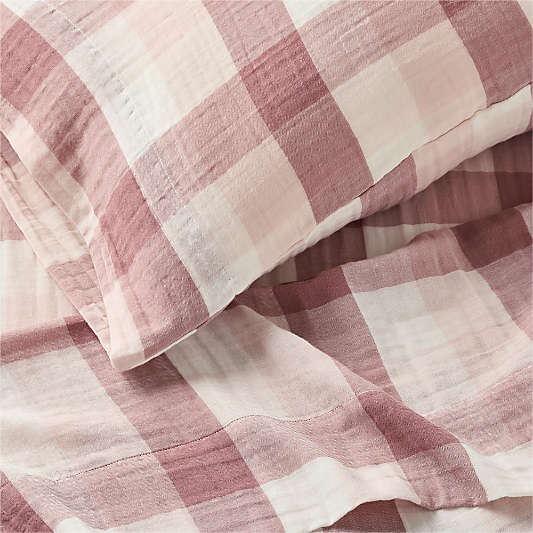 Supersoft Gingham Lilac Rose 100% Organic Cotton Gauze Kids Sheet Set