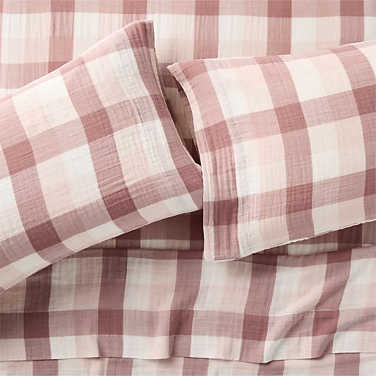Supersoft Gingham Lilac Rose 100% Organic Cotton Gauze Kids Sheet Set