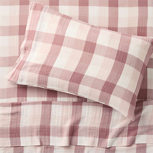 Supersoft Gingham Lilac Rose 100% Organic Cotton Gauze Kids Twin Sheet Set