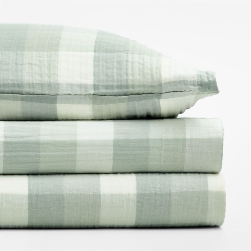 Supersoft Gingham Soft Green 100% Organic Cotton Gauze Kids Twin Sheet Set - image 1 of 8