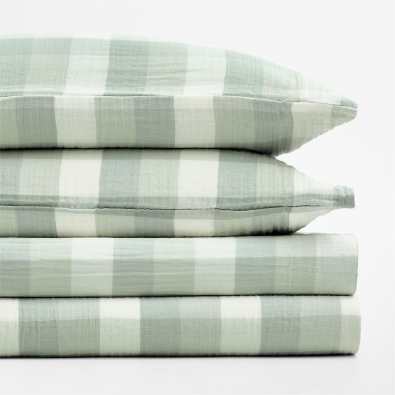 Supersoft Gingham Soft Green 100% Organic Cotton Gauze Kids Queen Sheet Set - image 1 of 7