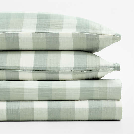 Supersoft Gingham Soft Green 100% Organic Cotton Gauze Kids Full Sheet Set