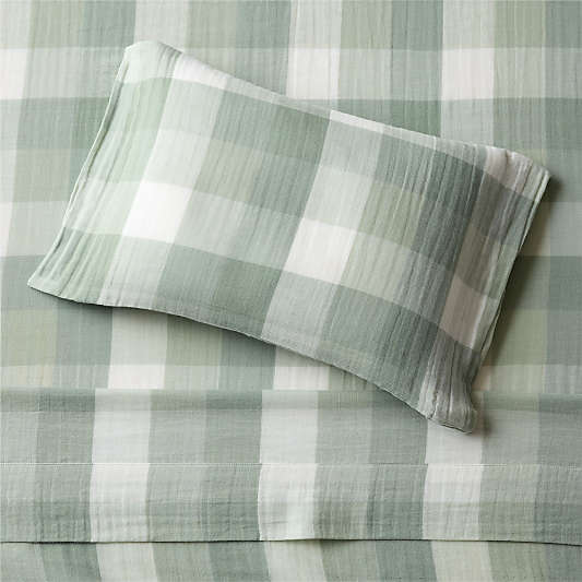 Supersoft Gingham Soft Green Organic Cotton Gauze Toddler Sheet Set