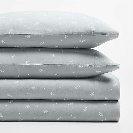 Supersoft Mist Blue Leaf Print 100% Organic Cotton Gauze Kids Queen Sheet Set