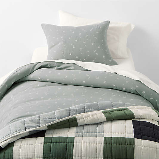 Supersoft Mist Blue Leaf Print Organic Cotton Gauze Kids Duvet Cover