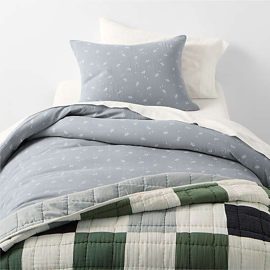 Supersoft Mist Blue Leaf Print Organic Cotton Gauze Kids Duvet Cover