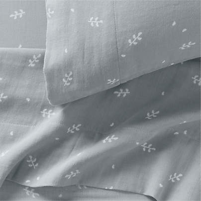 Supersoft Mist Blue Leaf Print Organic Cotton Gauze Kids Sheet Set