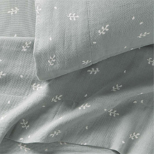 Supersoft Mist Blue Leaf Print Organic Cotton Gauze Kids Sheet Set