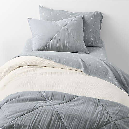 Supersoft Mist Blue Leaf Print Organic Cotton Gauze Kids Pillowcase