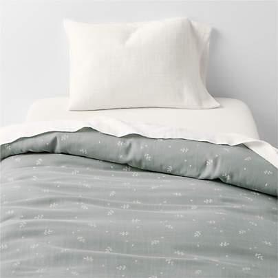 Supersoft Mist Blue Leaf Print Organic Cotton Gauze Toddler Duvet Cover
