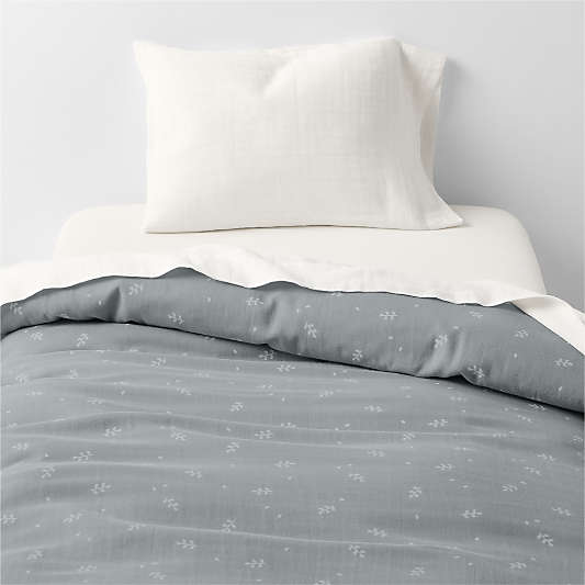Supersoft Mist Blue Leaf Print Organic Cotton Gauze Toddler Duvet Cover
