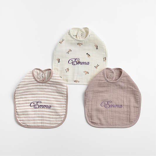 Supersoft Lilac Rose Mini Animal Organic Cotton Gauze Baby Bib, Set of 3