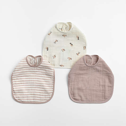 Supersoft Lilac Rose Mini Animal Organic Cotton Gauze Baby Bib, Set of 3