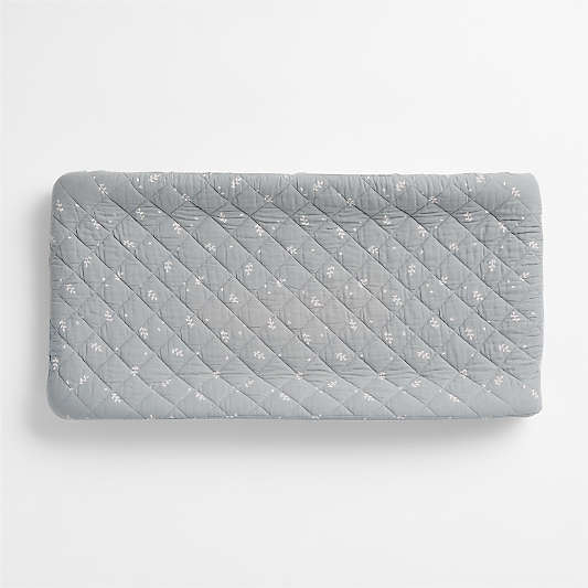 Supersoft Mist Blue Leaf Print Organic Cotton Gauze Baby Changing Pad Cover