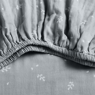 View Supersoft Mist Blue Leaf Print 100% Organic Cotton Gauze Baby Crib Fitted Sheet details