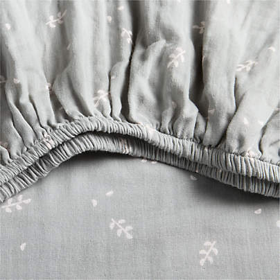 Supersoft Mist Blue Leaf Print Organic Cotton Gauze Baby Crib Fitted Sheet