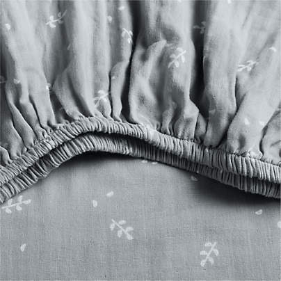 Supersoft Mist Blue Leaf Print 100% Organic Cotton Gauze Baby Crib Fitted Sheet