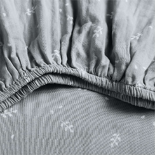 Supersoft Mist Blue Leaf Print 100% Organic Cotton Gauze Baby Crib Fitted Sheet