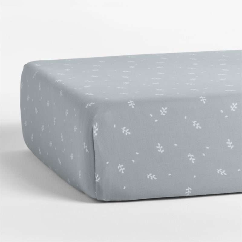 Supersoft Mist Blue Leaf Print Organic Cotton Gauze Baby Crib Fitted Sheet - image 4 of 6