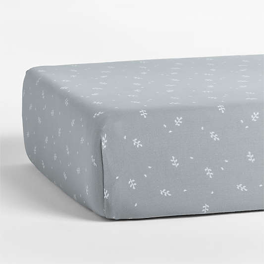 Supersoft Mist Blue Leaf Print Organic Cotton Gauze Baby Crib Fitted Sheet