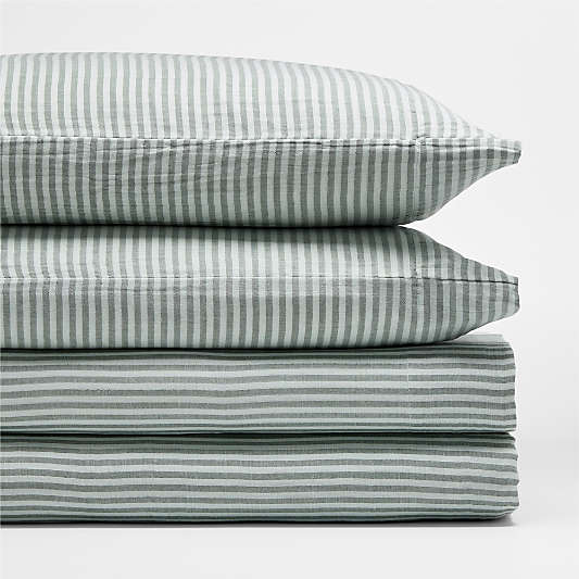 Supersoft Pine Green Striped 100% Organic Cotton Gauze Kids Full Sheet Set
