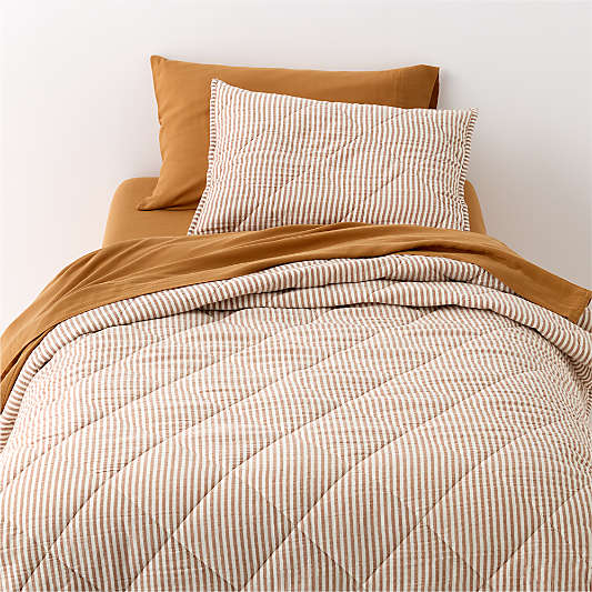 Supersoft Brulee Brown Striped Organic Cotton Gauze Kids Quilted Pillow Sham
