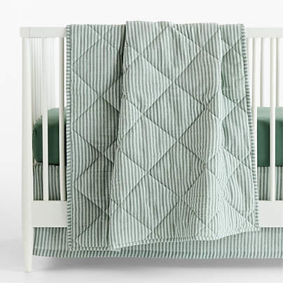 Supersoft Pine Green Quilted Striped 100% Organic Cotton Gauze Baby Crib Quilt