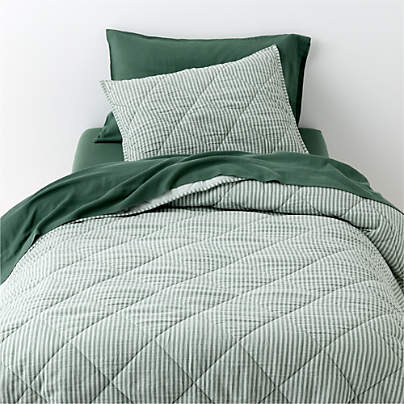 Supersoft Pine Green Quilted Striped 100% Organic Cotton Gauze Kids Twin Quilt