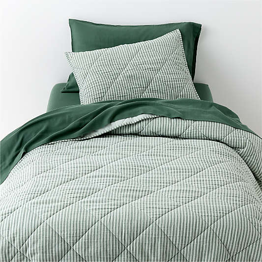 Supersoft Pine Green Striped Organic Cotton Gauze Kids Quilted Pillow Sham