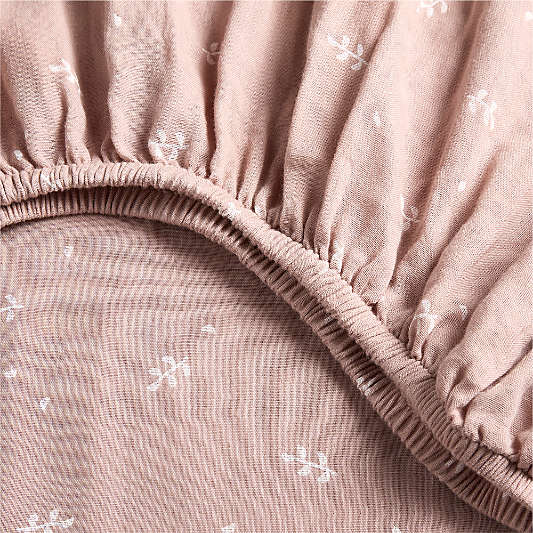 Supersoft Violet Rose Leaf Print Organic Cotton Gauze Baby Crib Fitted Sheet