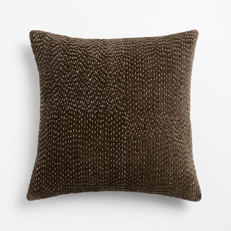 Sashiko Organic Cotton Velvet 20"x20" Deep Brown Throw Pillow Cover with Down-Alternative Insert - image 1 of 5