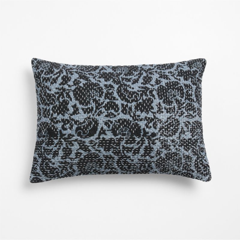 Sashiko Floral Organic Cotton Velvet 22"x15" Blue Throw Pillow Cover with Feather Insert - image 1 of 5