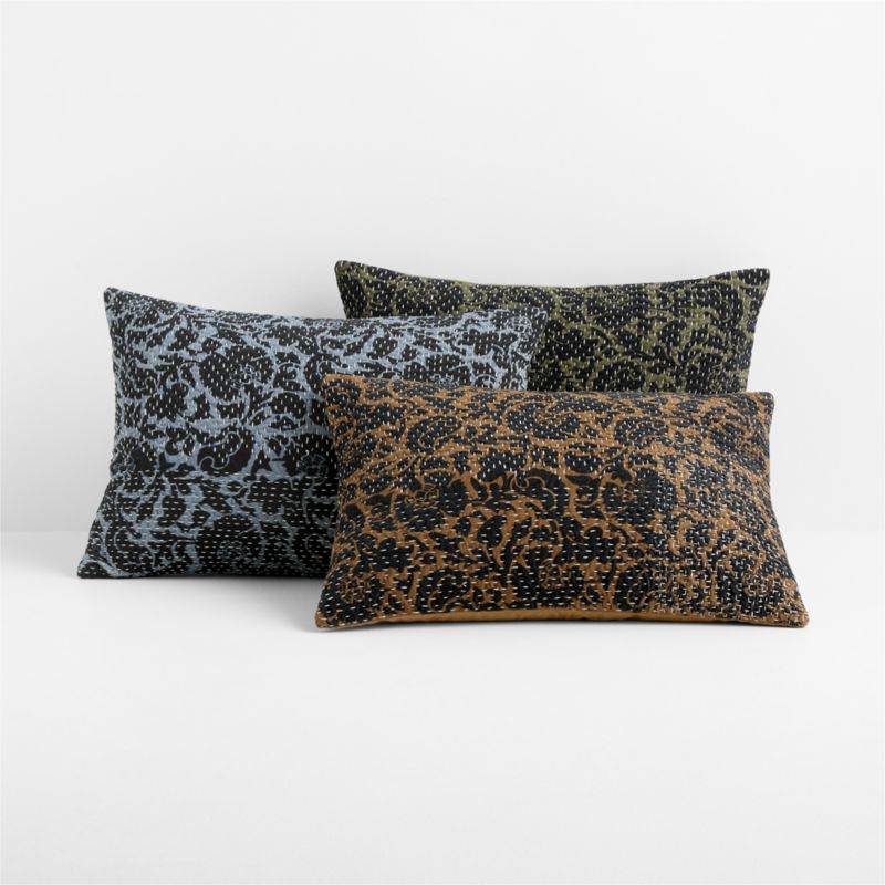 Sashiko Floral Organic Cotton Velvet 22"x15" Blue Throw Pillow Cover with Feather Insert - image 4 of 5